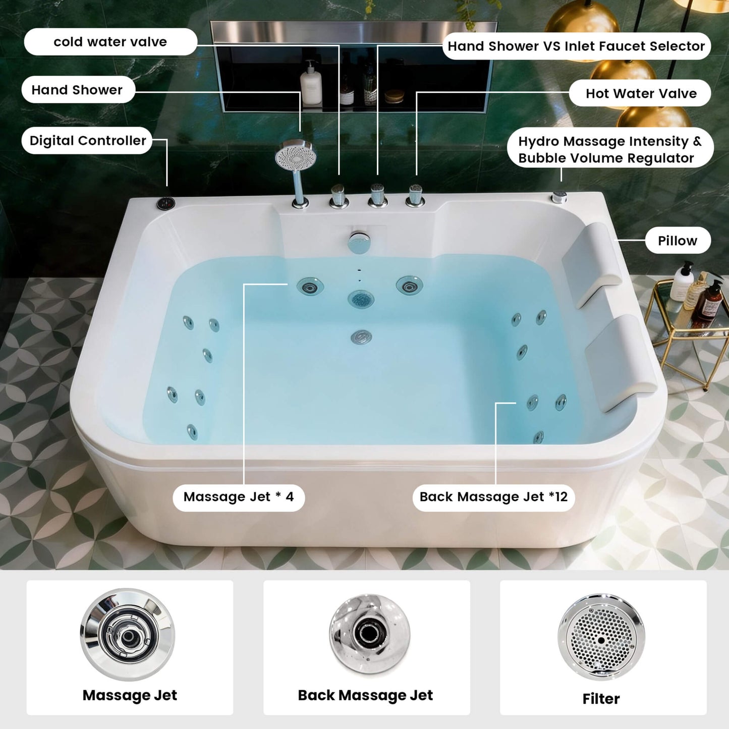 Nuvia 61-Inch 2-Person Acrylic Whirlpool Massage Bathtub With 16 Water Jets And LED Lights (SAK15780)