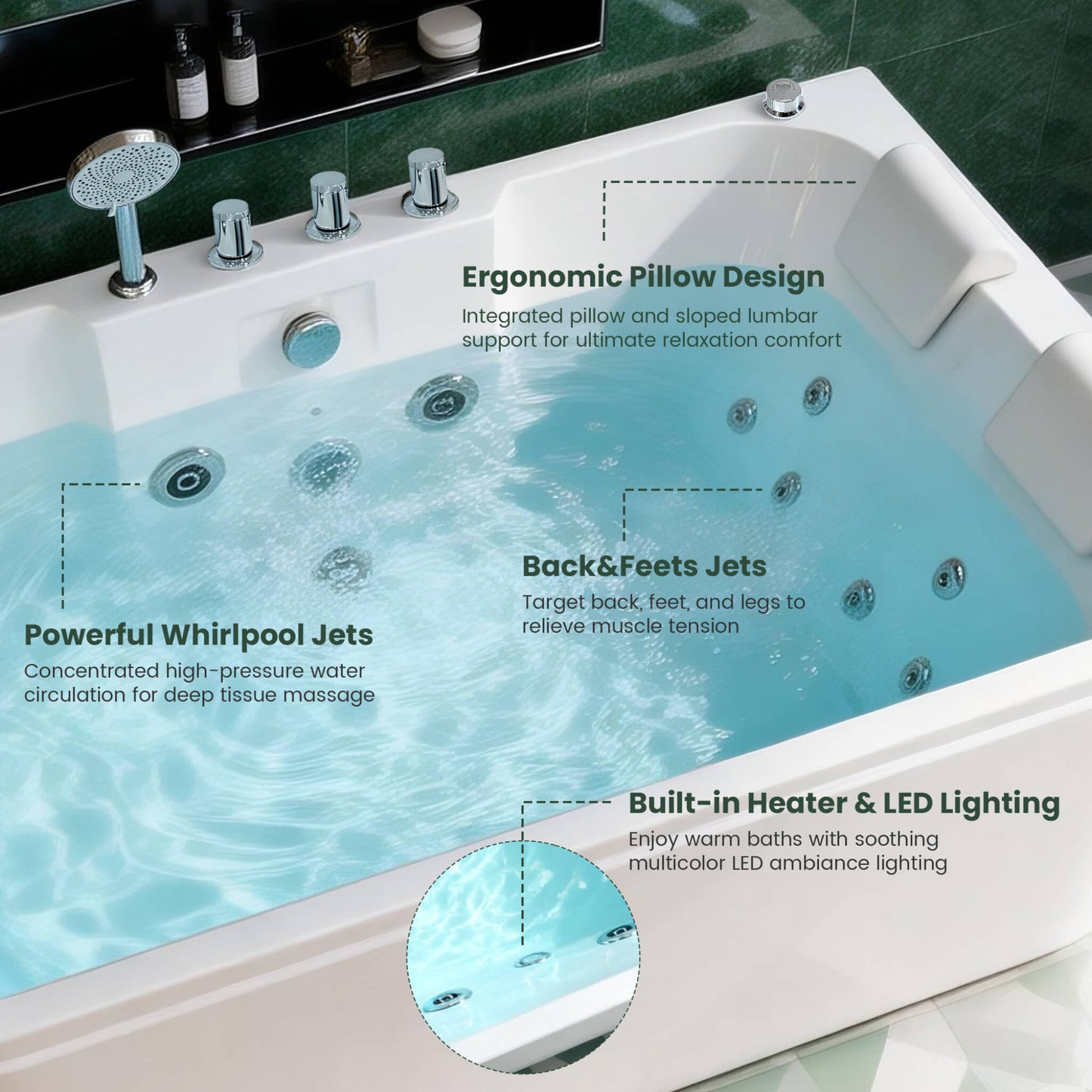 Nuvia 61-Inch 2-Person Acrylic Whirlpool Massage Bathtub With 16 Water Jets And LED Lights (SAK15780)