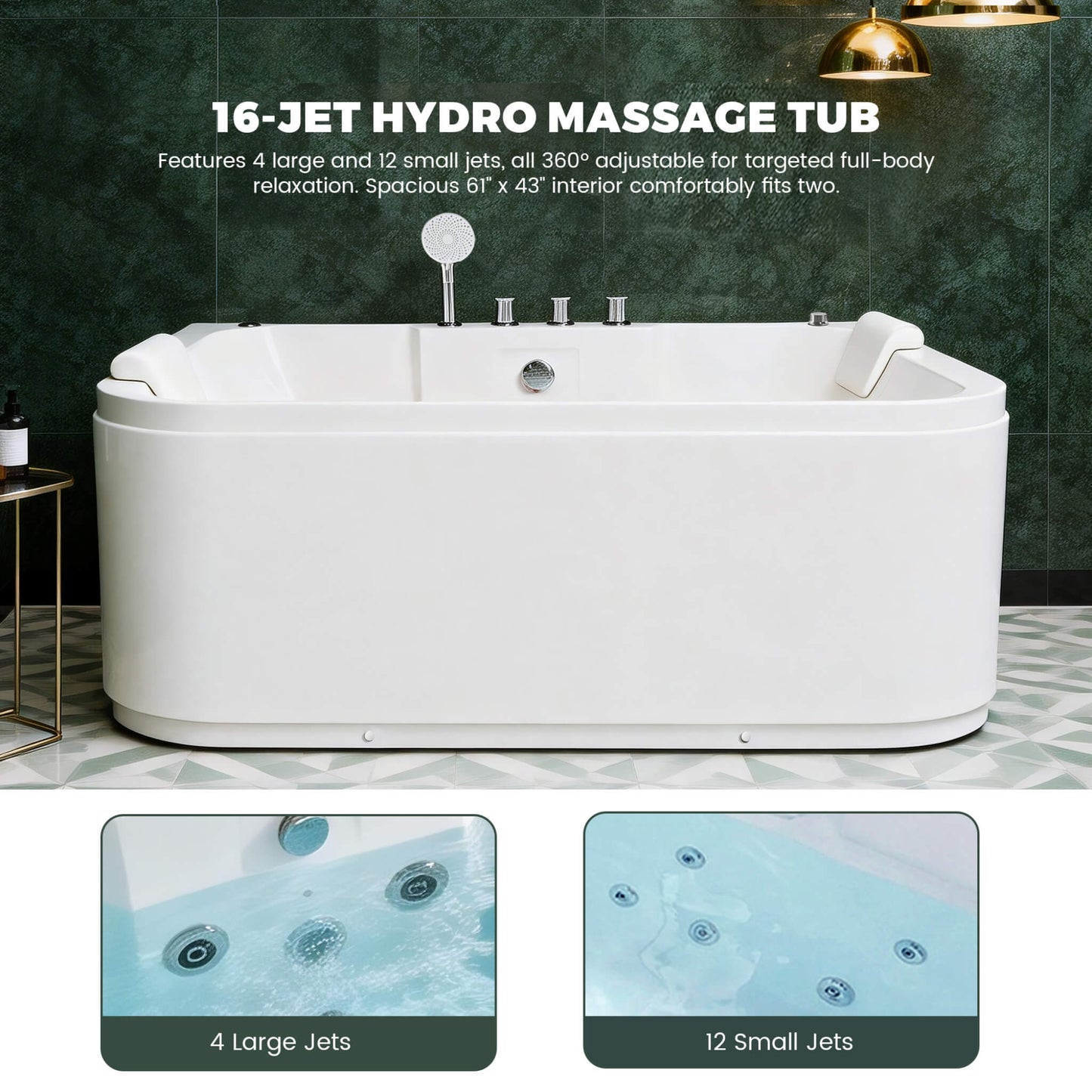 Nuvia 61-Inch 2-Person Acrylic Whirlpool Massage Bathtub With 16 Water Jets And LED Lights (SAK15780)