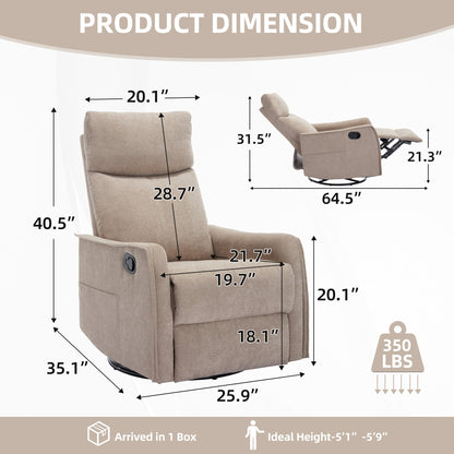 Heat Massage Manual Recliner Chair with Rocker and Swivel in Khaki
