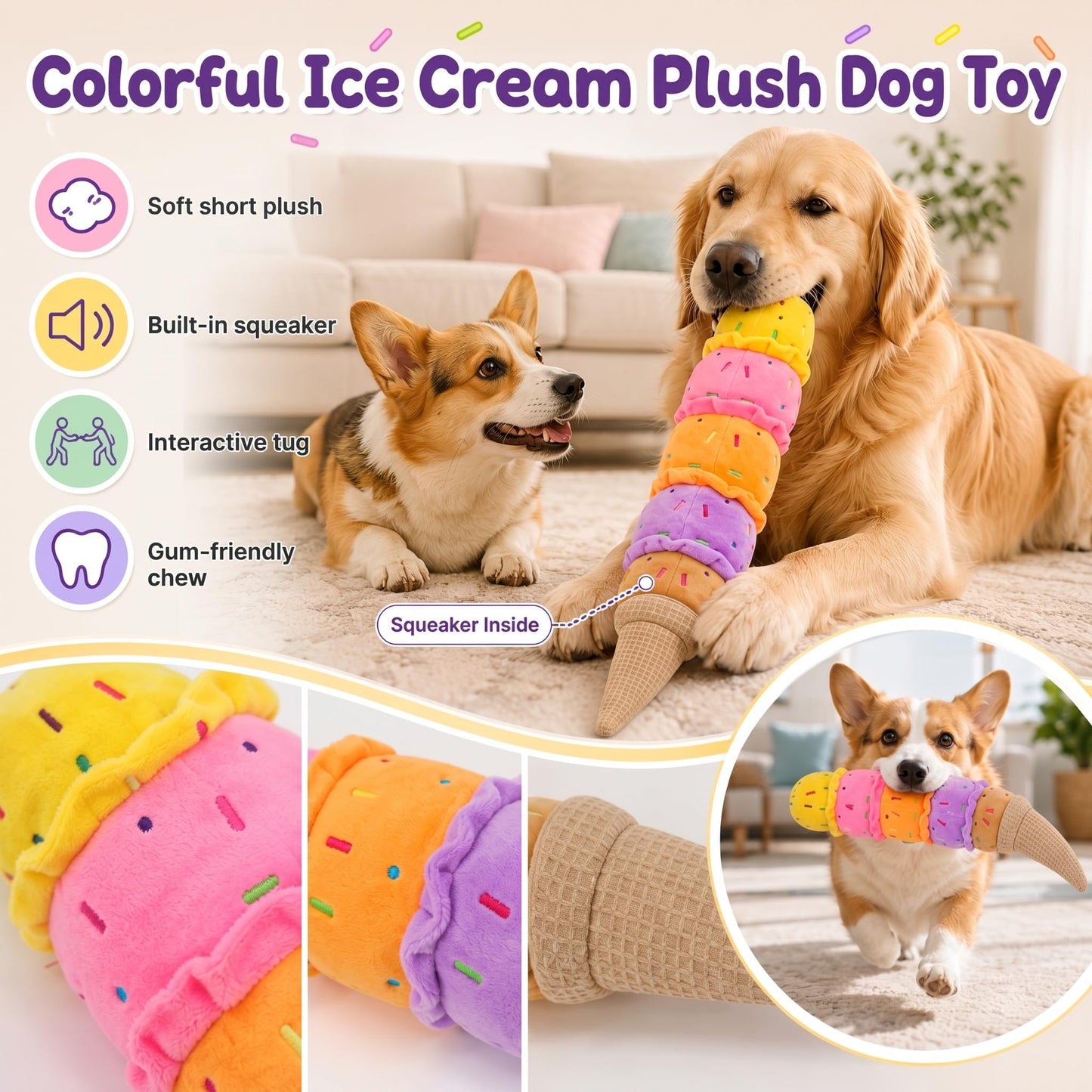 Squeaky Dog Plush Chew Toy, Interactive Tug Squeaky Toy For Chewers, Medium & Large Dogs & Fetch Play, 17.7 In Stuffed Rainbow Ice Cream Toy With Soft Short Plush For Gentle Gum Care & Boredom Relief