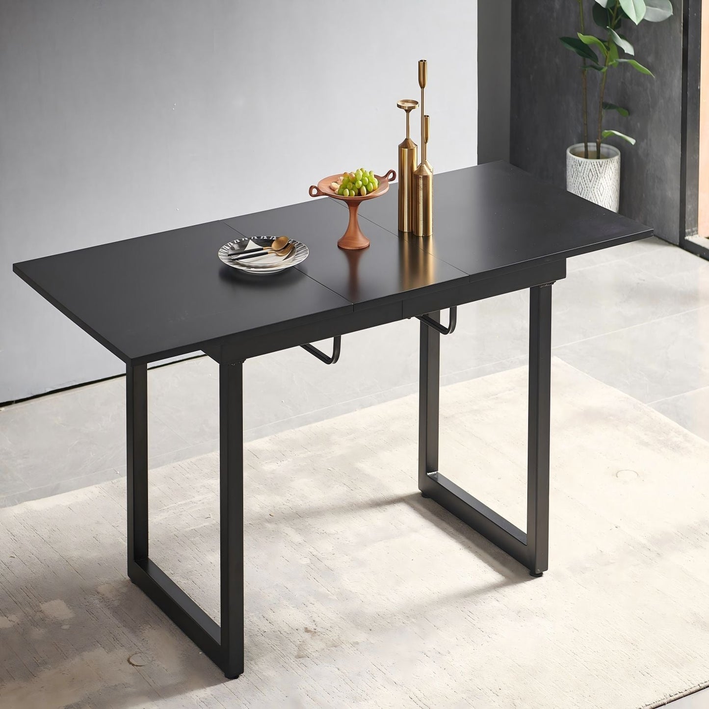 Square Extendable Dining Table With Metal Leg, Modern Space Saving Kitchen Table For Living Room