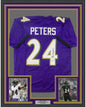 Framed Autographed/Signed Marcus Peters 35x39 Baltimore Purple Football Jersey JSA COA