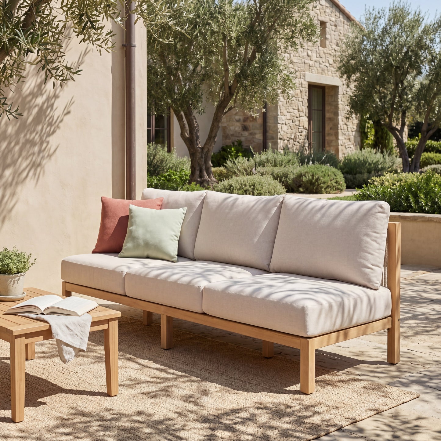 73.23" Outdoor Acacia Wood Frame Rope-Braided Backrest Three-Seater Sofa