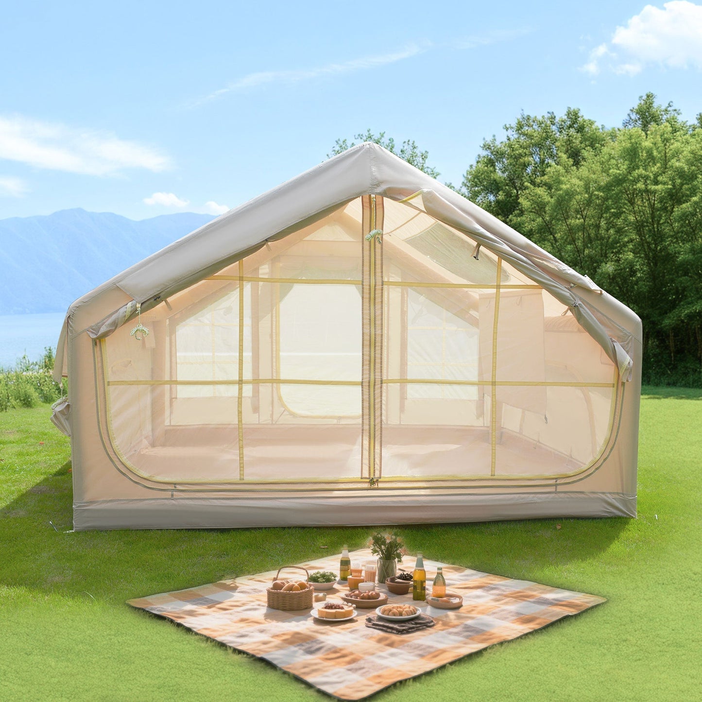6.3m² Inflatable Camping Tent with Clear Skylight and 420D Oxford Waterproof Fabric