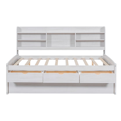 Captain Bed With Built In Bookshelves, 3 Storage Drawers, And Trundle