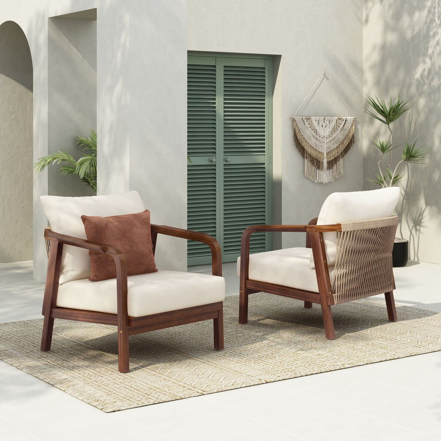 Outdoor Lounge Chair With Woven Backrest and Solid Wood Frame