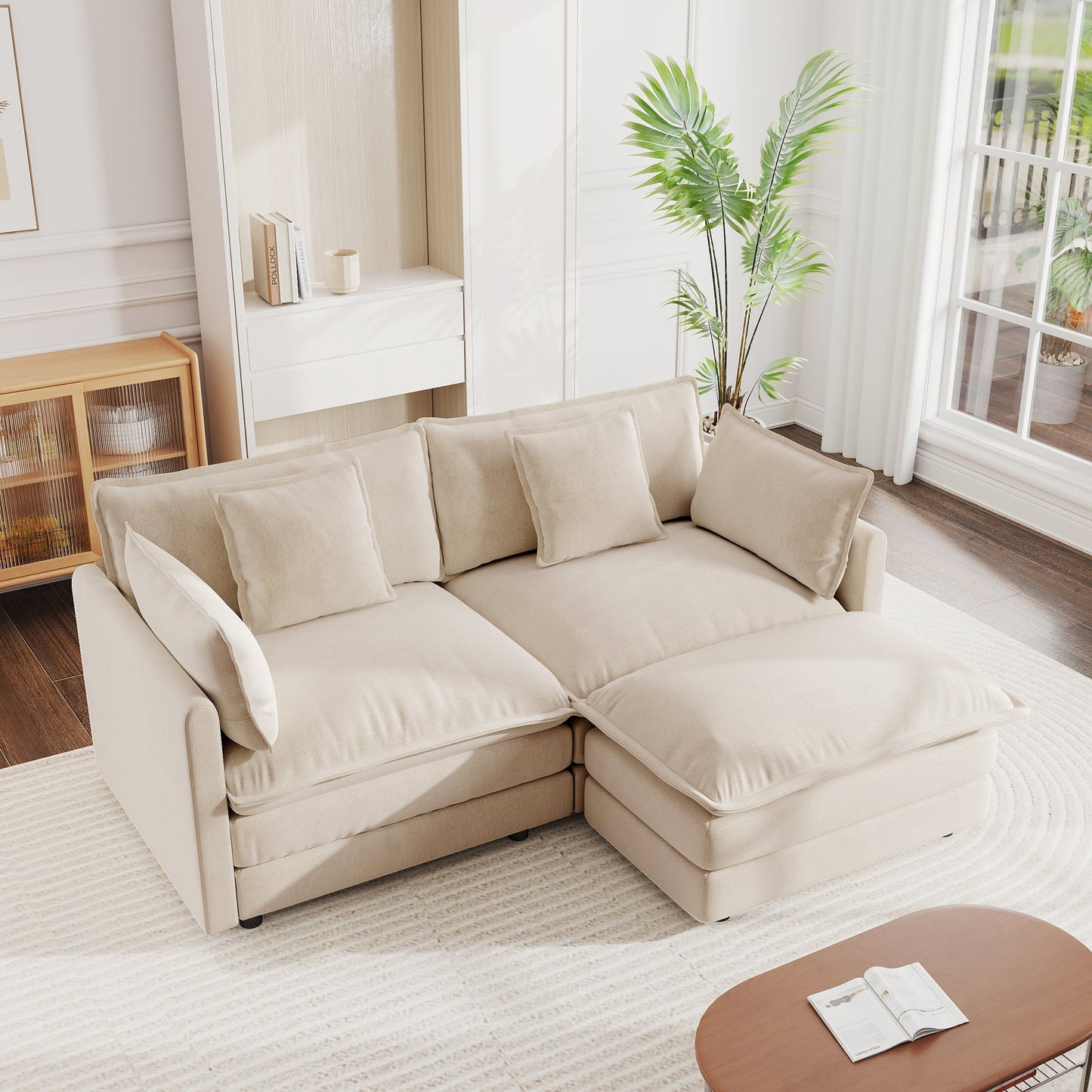 Chenille Two-Seater Sofa with 1 Footrest, 2 Seater L-Shaped Sectional with Ottoman