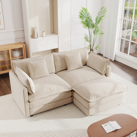 Chenille Two-Seater Sofa with 1 Footrest, 2 Seater L-Shaped Sectional with Ottoman