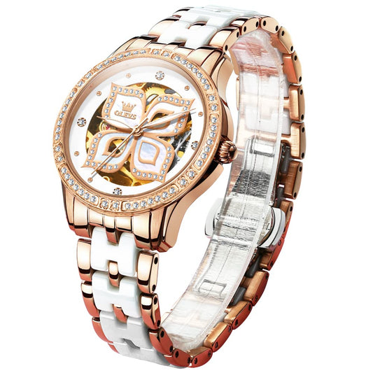 OLEVS Womens Automatic Watch, Premium Large Face Diamond Accented Self Winding Watches for Women, Fashion Waterproof Ladies Dress Watch, Two Tone Stainless Steel Ceramic Bracelet