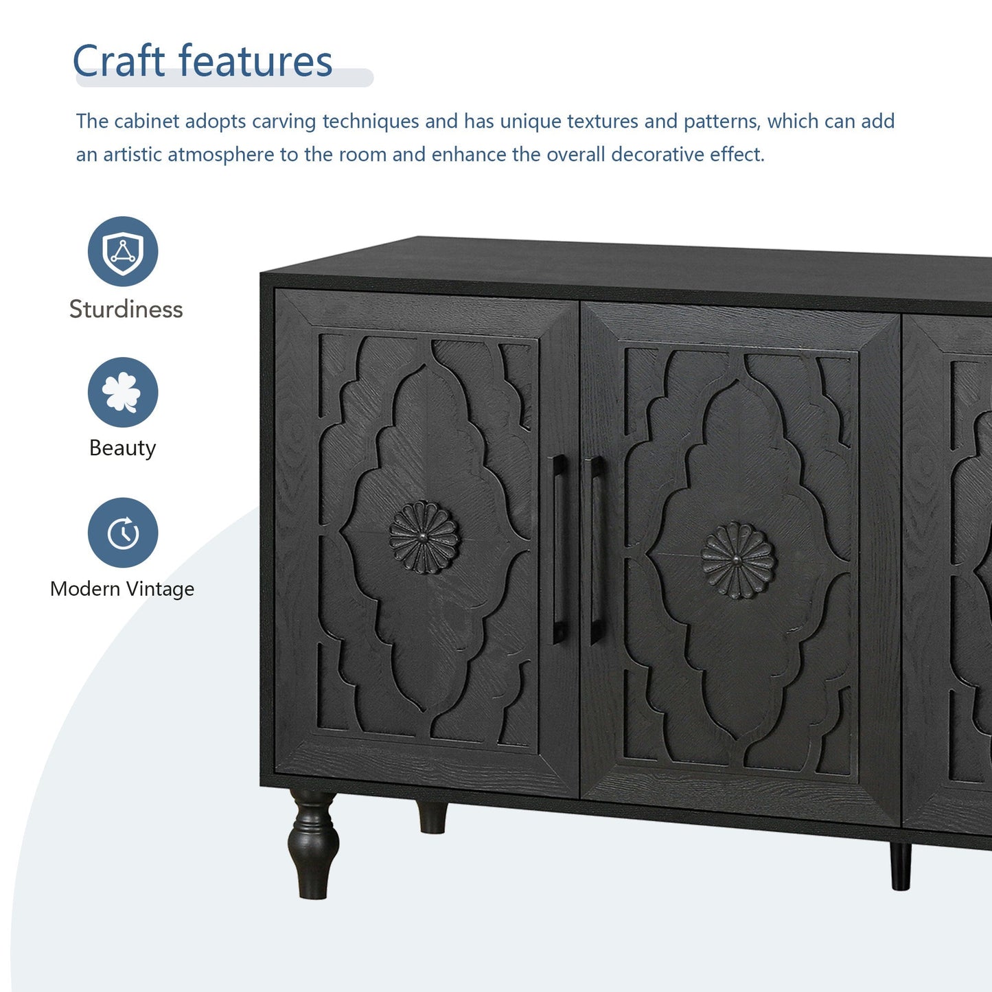 Carved Flower Door Large Storage Cabinet with Metal Handle