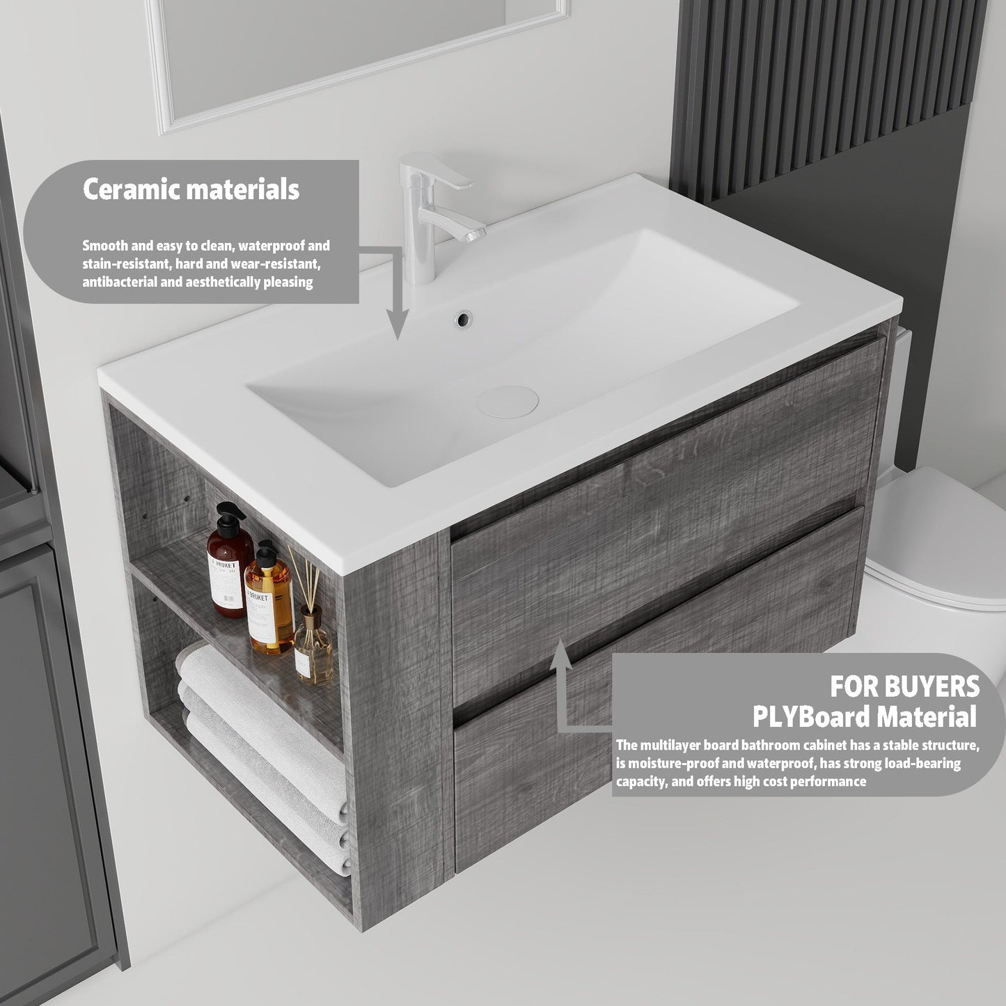 36 Inch Floating Bathroom Vanity with Sink, Soft-Close Door, Ceramic Sink, Plywood