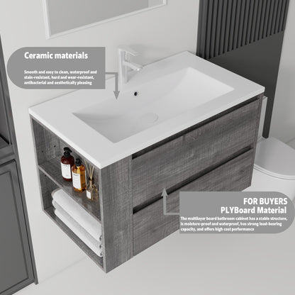 36 Inch Floating Bathroom Vanity with Sink, Soft-Close Door, Ceramic Sink, Plywood