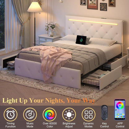 Upholstered Bed Frame With LED Lights, 4 Storage Drawers, Charging Station