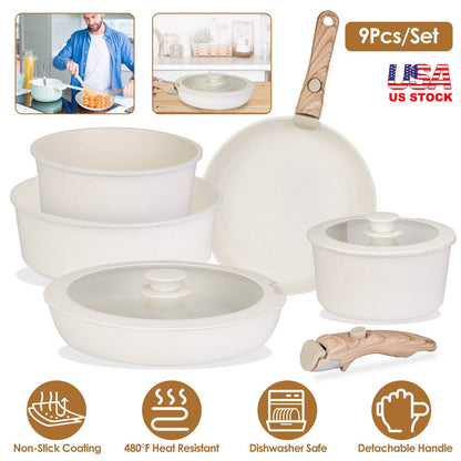 9Pcs Nonstick Cookware Set Kitchen Pots and Pans Set With Detachable Handles Tempered Glass Lids Dishwasher Oven Safe Aluminum Alloy Kitchen Cookware