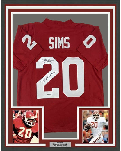Framed Autographed/Signed Billy Sims 35x39 78 Heisman Oklahoma Maroon College Football Jersey Tristar COA Holo Only