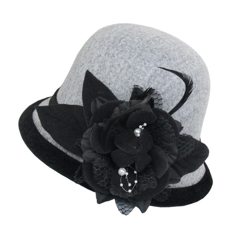 Black Brim Woolen British Feather Flower Top Hat