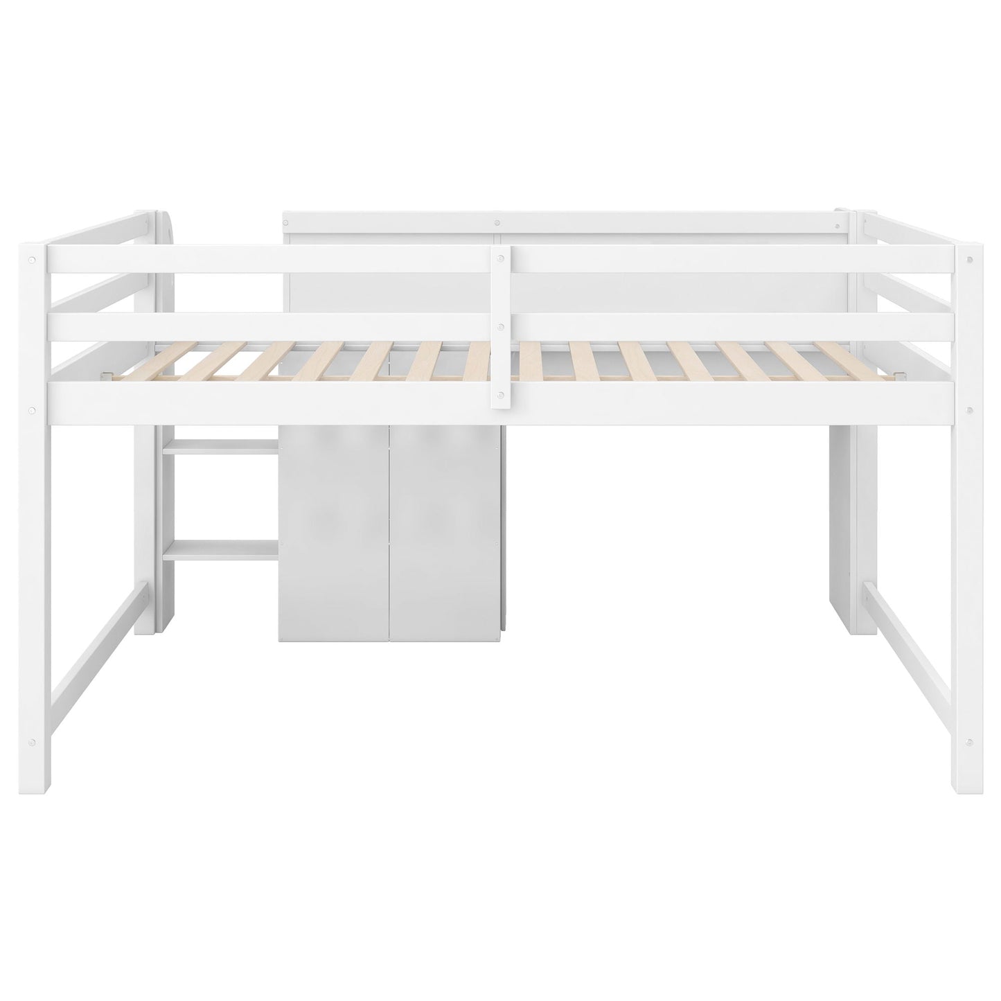Low Loft Bed With Built In Desk, Storage Cabinets, Open Bookcase And Doodle board