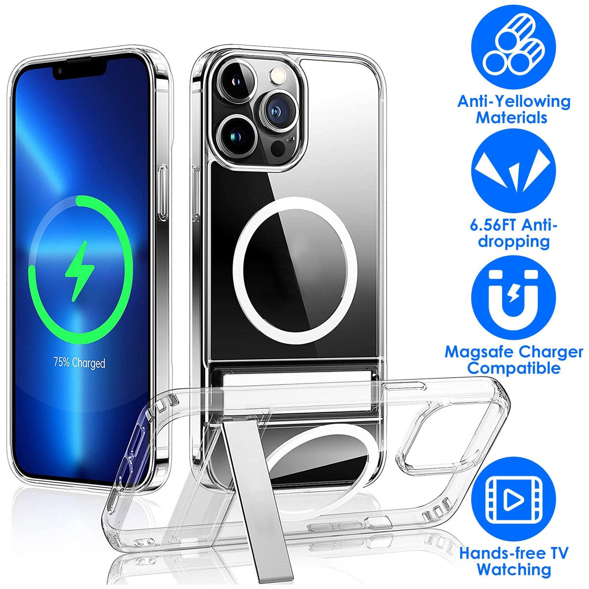 Magnetic Metal Kickstand Clear Case Shockproof Anti Yellowing Phone Cover Compatible with Magsafe Fit for IOS Phone 14 Pro