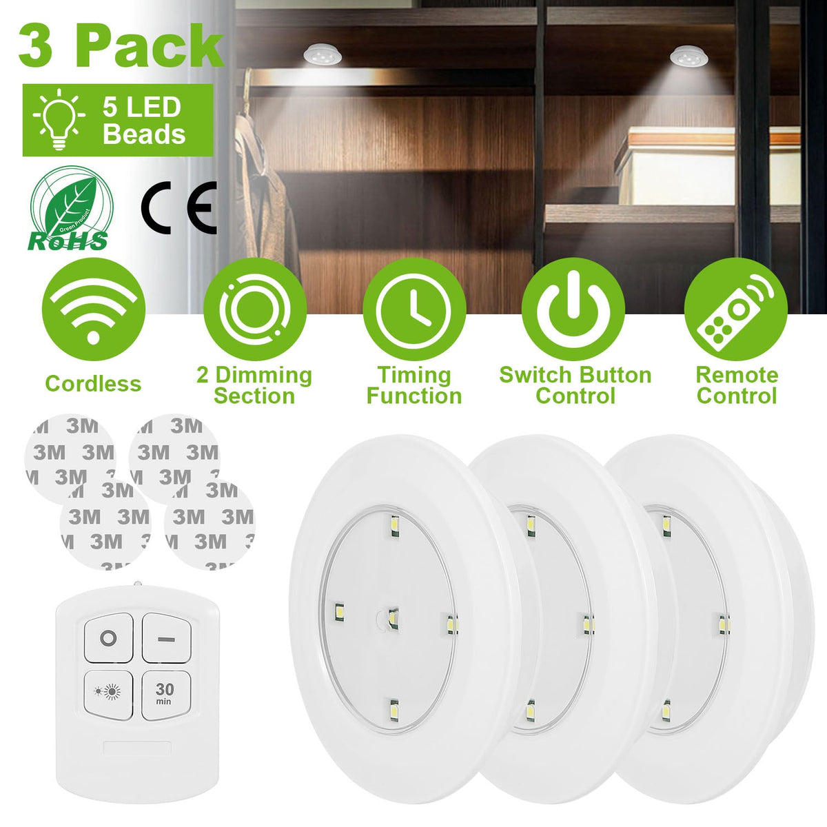 3Pcs LED Night Light Cordless Battery-Powered Closet Lamp Dimmable w/ Remote Stick-on