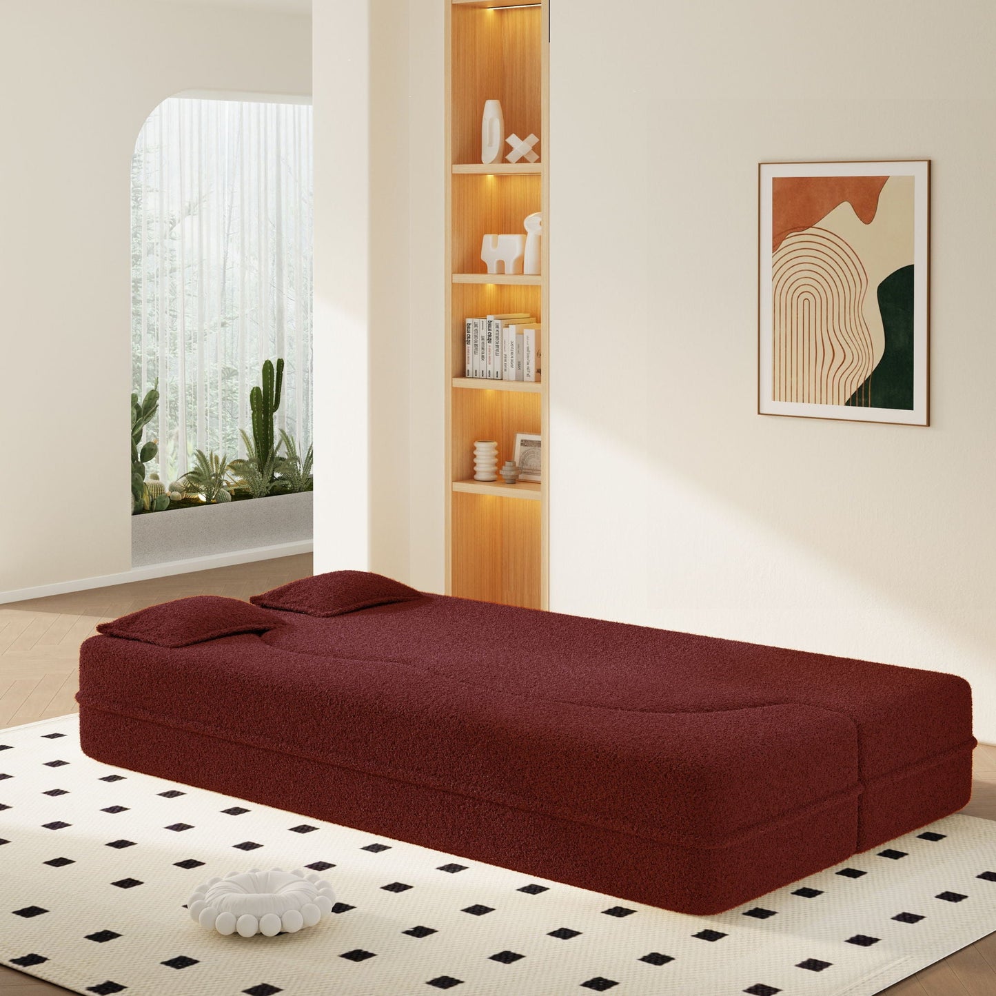 Modern Floor Sleeper Sofa Bed With 2 Pillows, Convertible Twin Size Folding Mattress For Living Room