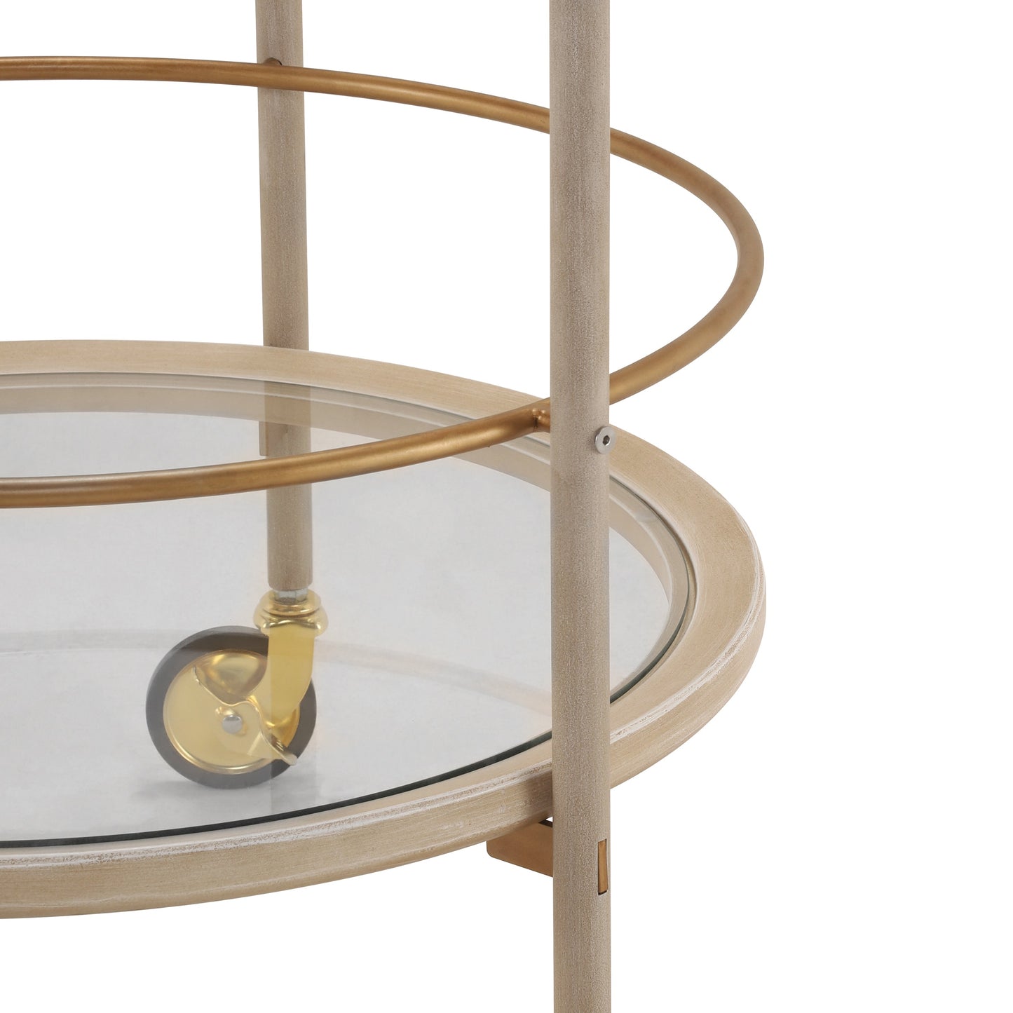Round Bar Cart with Tempered Glass Shelves and Gold Accents