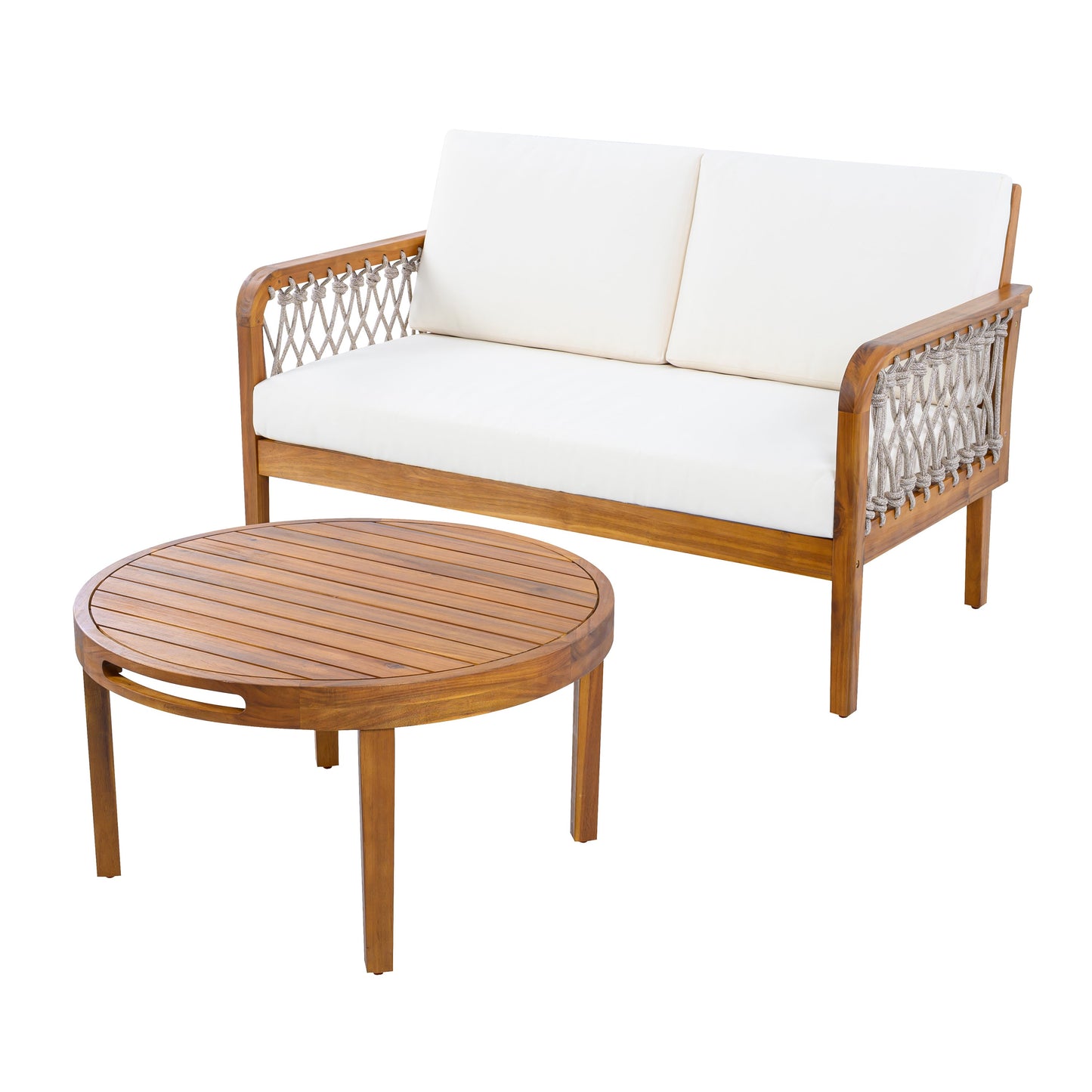 Outdoor Acacia Wood Loveseat & Coffee Table Set with Handwoven Rope, Teak Finish
