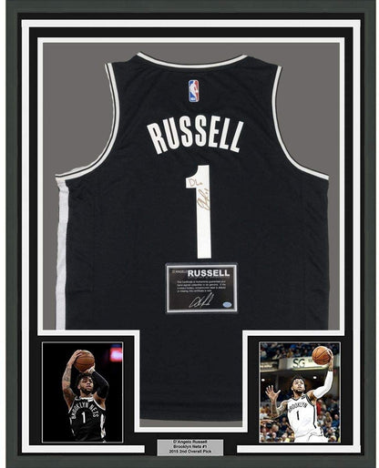 Framed Autographed/Signed D'Angelo Russell DLo 35x39 Brooklyn Black Basketball Jersey Athlete Holo COA