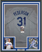 Framed Autographed/Signed Joc Pederson 35x39 Los Angeles LA Grey Baseball Jersey JSA COA
