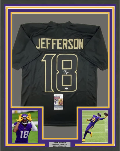 Framed Autographed/Signed Justin Jefferson 35x39 Minnesota Blackout Football Jersey JSA COA