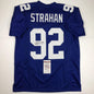 Autographed/Signed Michael Strahan New York Blue Football Jersey JSA COA