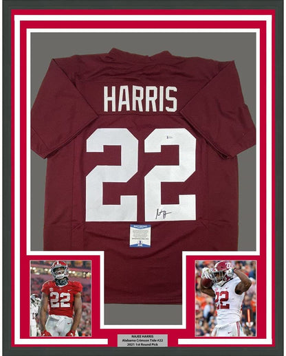 Framed Autographed/Signed Najee Harris 35x39 Alabama Red College Football Jersey Beckett BAS COA