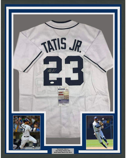 Framed Autographed/Signed Fernando Tatis Jr. 35x39 San Diego White Baseball Jersey JSA COA