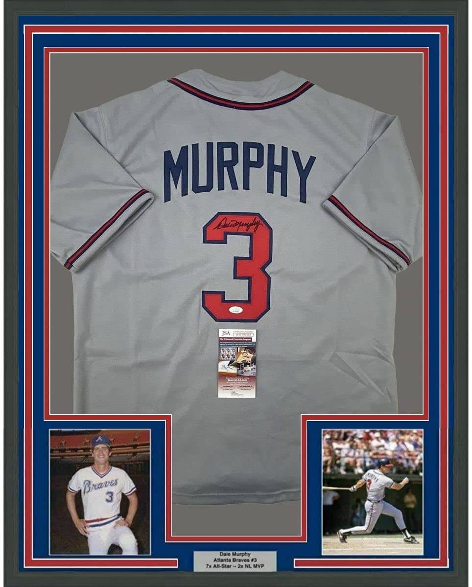 Framed Autographed/Signed Dale Murphy 35x39 Atlanta Grey Baseball Jersey JSA COA