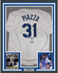 Framed Autographed/Signed Mike Piazza 35x39 Los Angeles LA White Baseball Jersey Beckett BAS COA