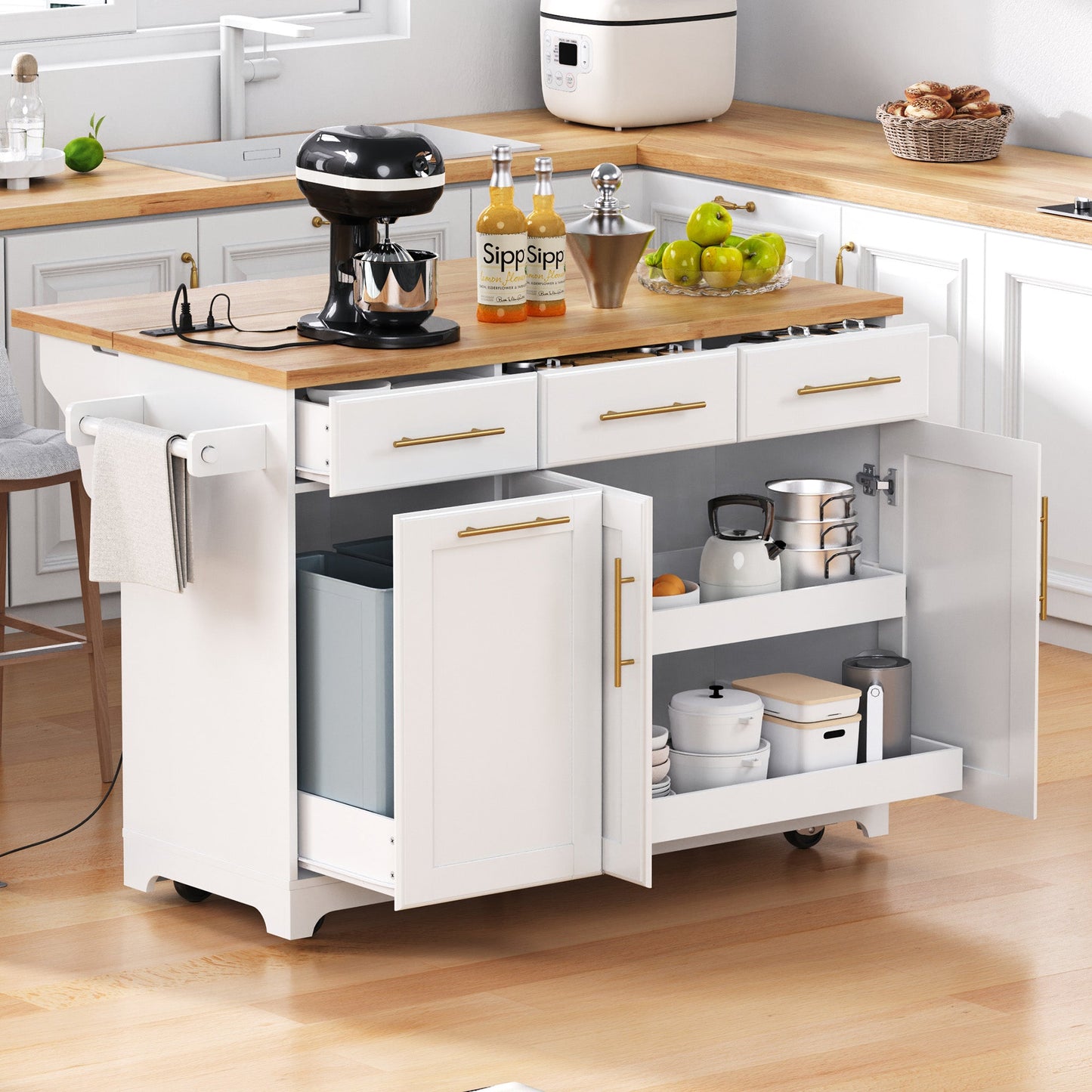 K&K 59.3" Kitchen Island with Storage & Rolling Cart