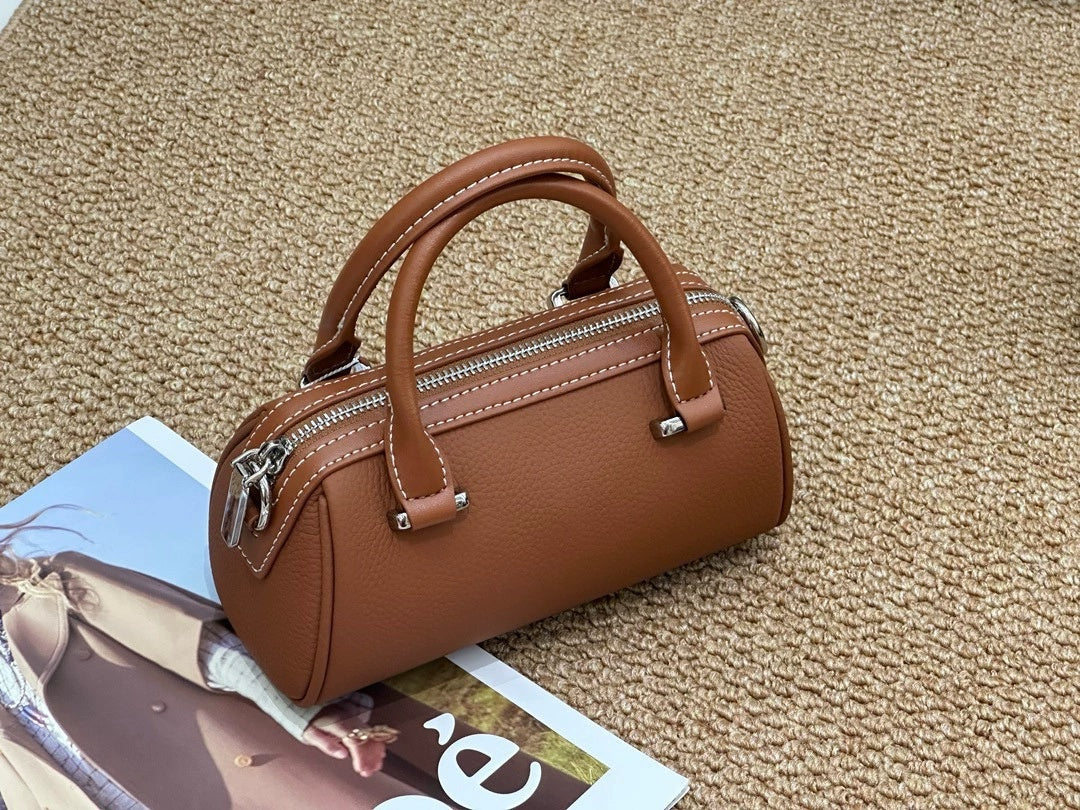 Cross-border Top-grain Leather Boston Pillow Bag, Single-shoulder, Crossbody Small Bag, Versatile Genuine Leather Women's Handbag