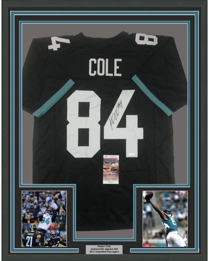 Framed Autographed/Signed Keelan Cole 35x39 Jacksonville Black Football Jersey JSA COA