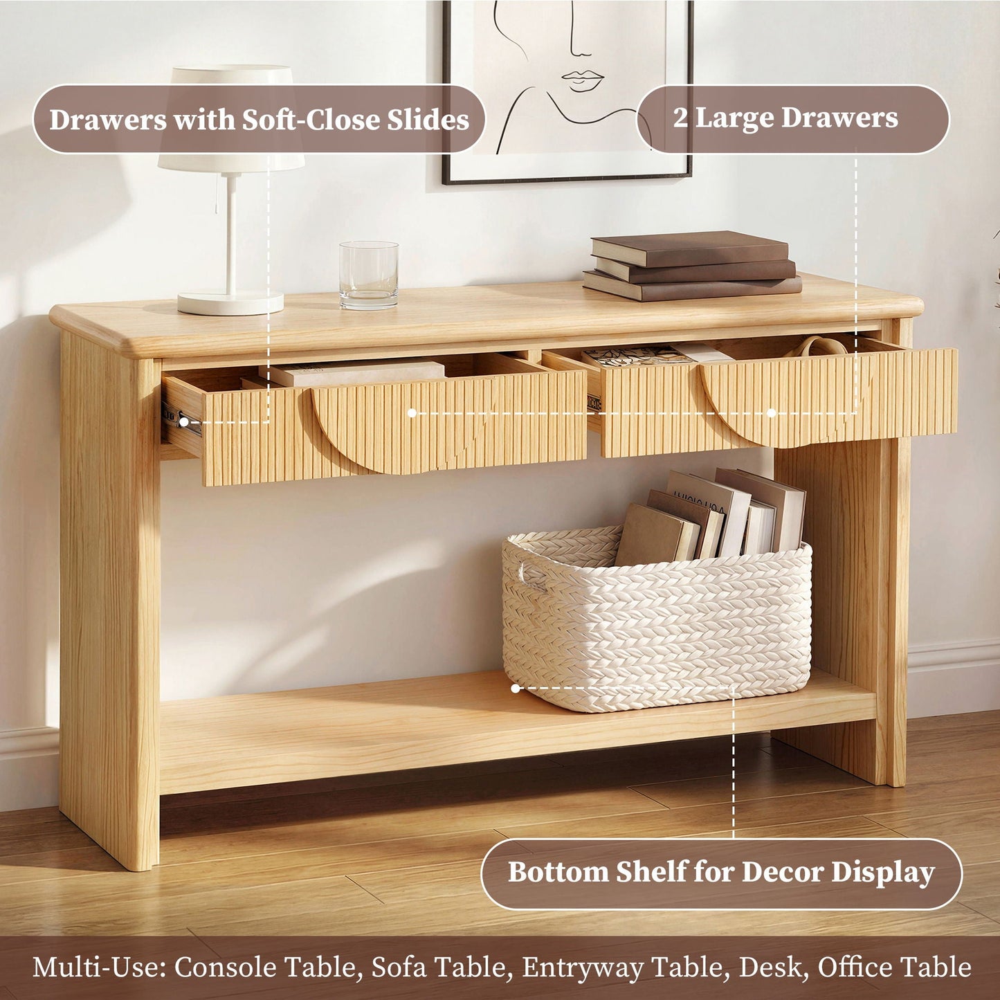 Fluted Console Table With Semi Circular Drawers - Natural