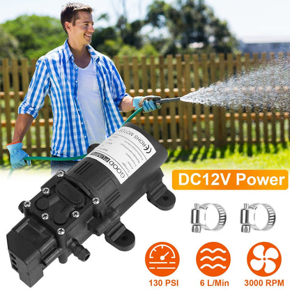 12V Water Pump with 2 Hose Clamps 130PSI Self Priming Sprayer Pump 70W Electric Diaphragm Water Pump 6L/Min for RV Camper Marine Boat