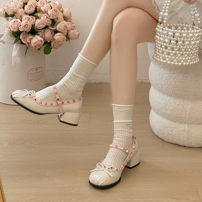 French Ballet Single Shoes Women's Summer 2026 New Style Shallow Bow Fold Rivet Mary Jane Women's Shoes