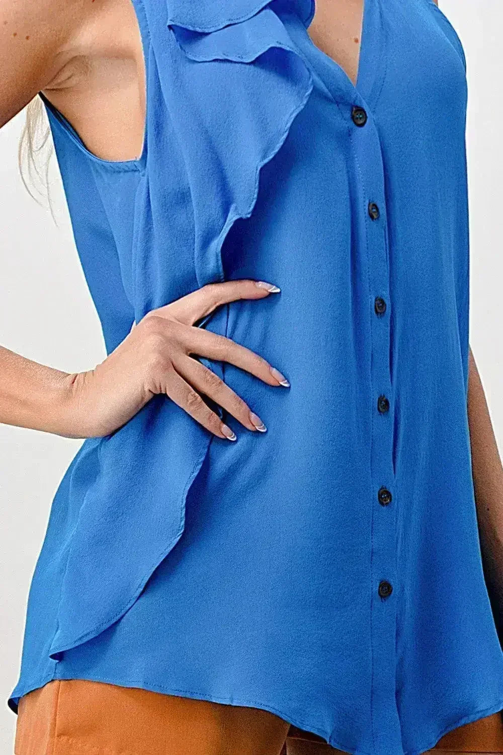 Silk Sleeveless Ruffle Blouse - Asymmetrical Button-Up Top in Orange & Blue | Femstylo