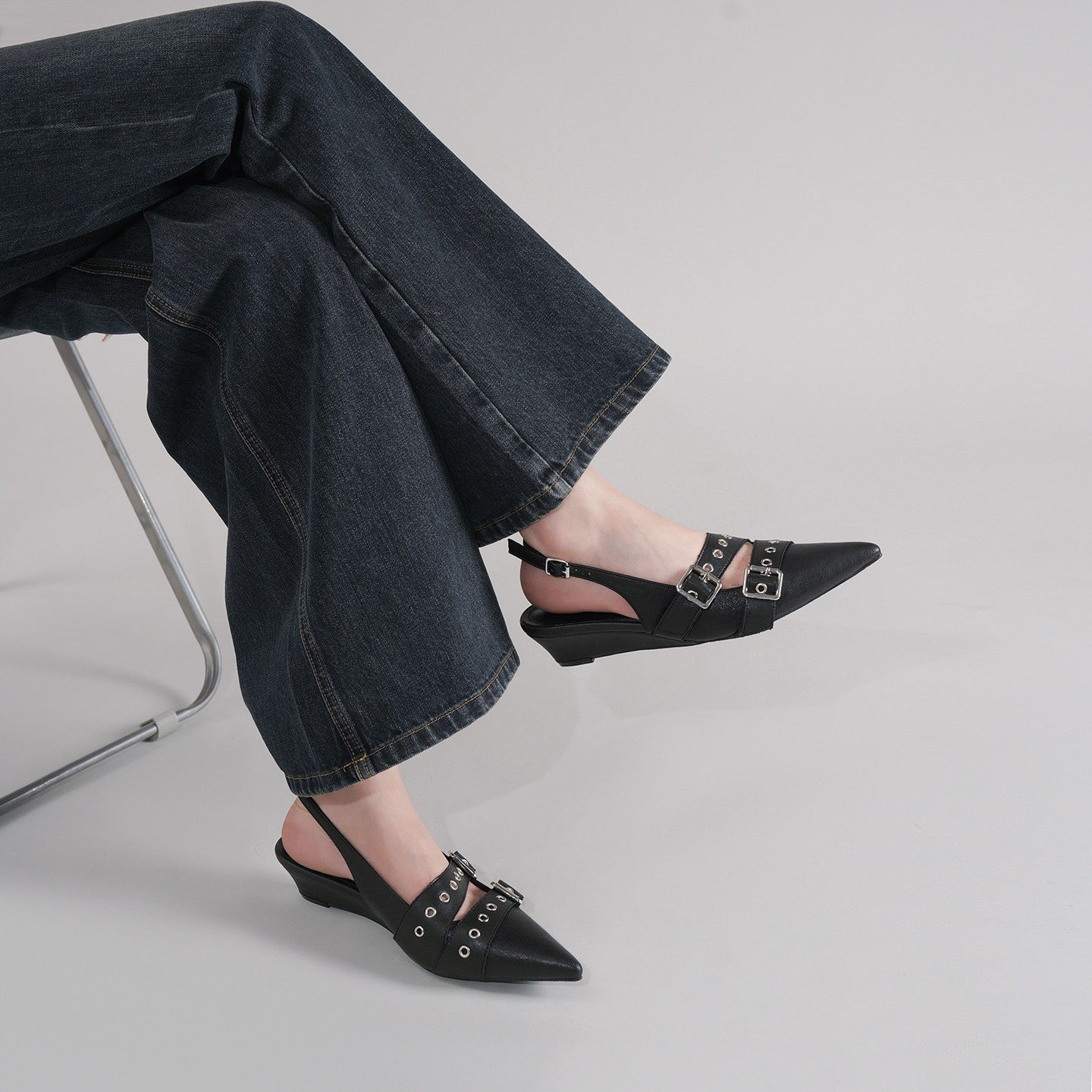 Black Punk Double Buckle Eyelet Pointed Toe Slingback Flat Mules For Women, Vintage Backless Slide Sandals