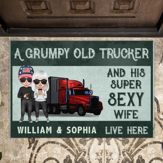 Custom Personalized Trucker And His Wife Doormat - Best Gift For Truckers - A Grumpy Old Trucker
And His Super Sexy Wife Live Here