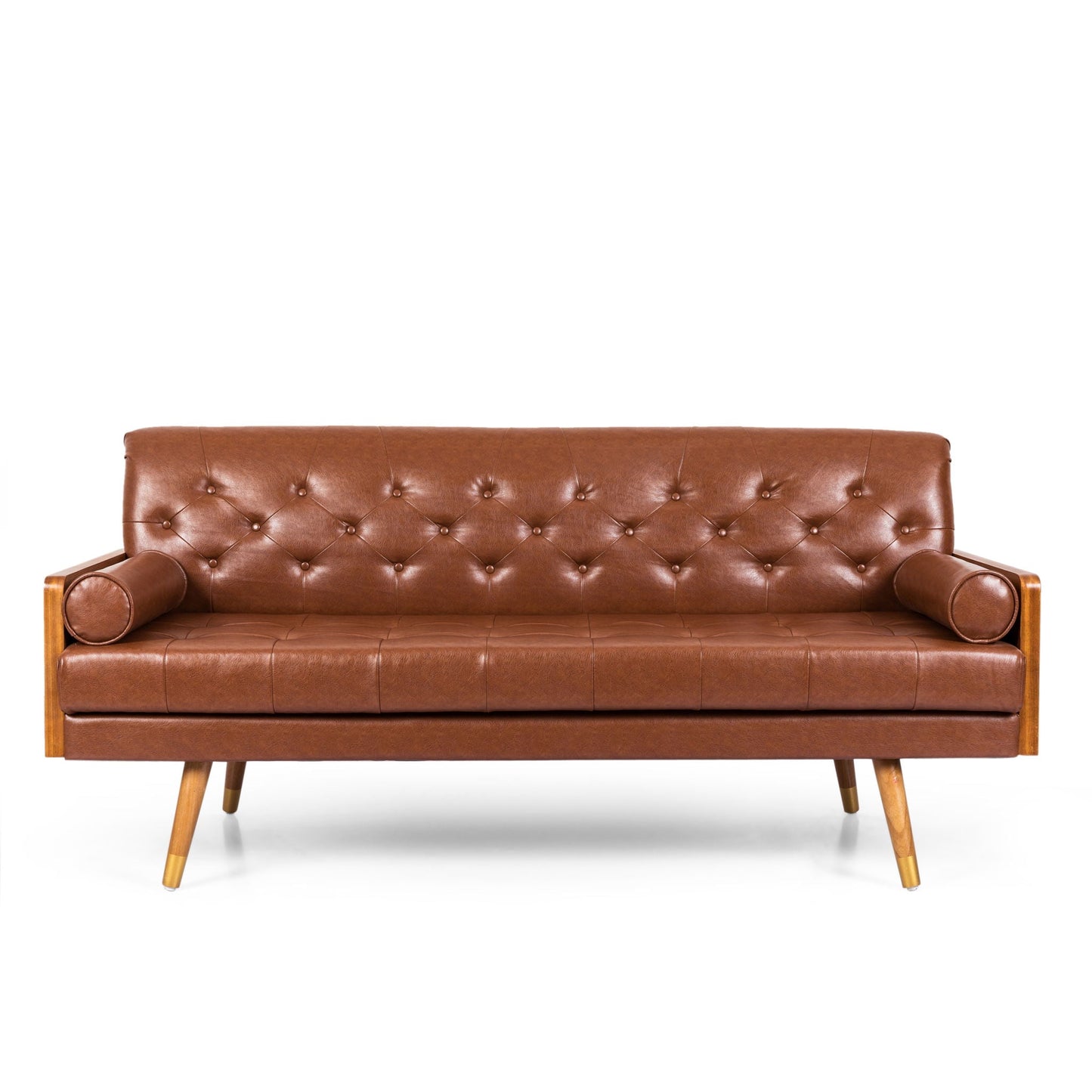 Adelaide Mid Century Modern Tufted Sofa With Rolled Accent Pillows - Light Brown
