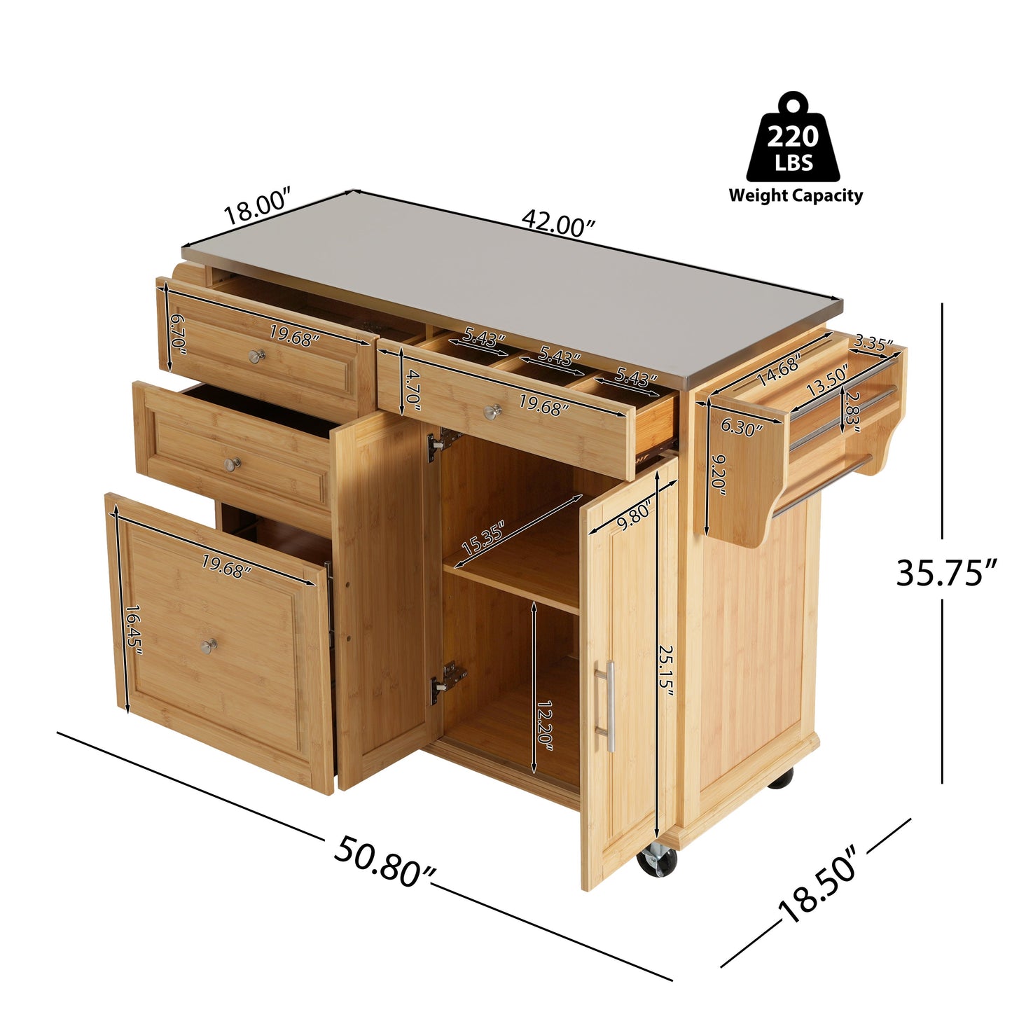 Indoor Bamboo Rolling Kitchen Island with Stainless Steel Top