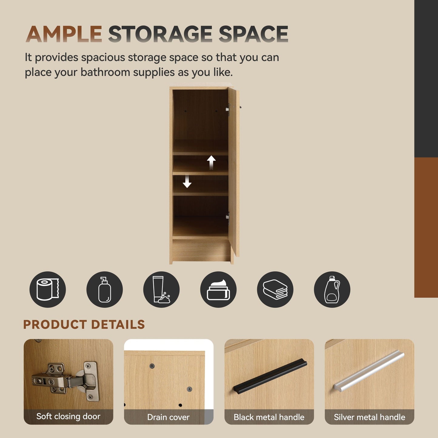 Slim Freestanding Bathroom Storage Cabinet - Light Oak