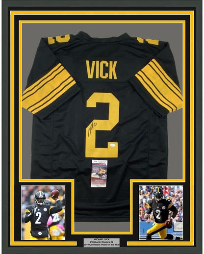 Framed Autographed/Signed Michael Mike Vick 35x39 Pittsburgh Color Rush Football Jersey JSA COA