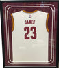 Framed Autographed/Signed LeBron James 35x39 Cleveland Cavaliers White Basketball Jersey PSA/DNA COA/LOA