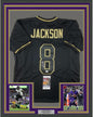 Framed Autographed/Signed Lamar Jackson 35x39 Baltimore Blackout Football Jersey JSA COA
